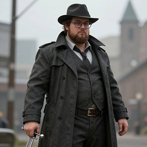 Photograph of a bearded man with glasses, wearing a black hat, long coat, and gray suit, holding a knife, standing on a fog