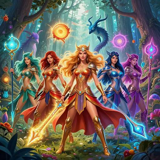Digital fantasy artwork of five armored, magical female warriors with glowing weapons in a vibrant, enchanted forest, surrounded by mystical orbs and a glowing dragon.