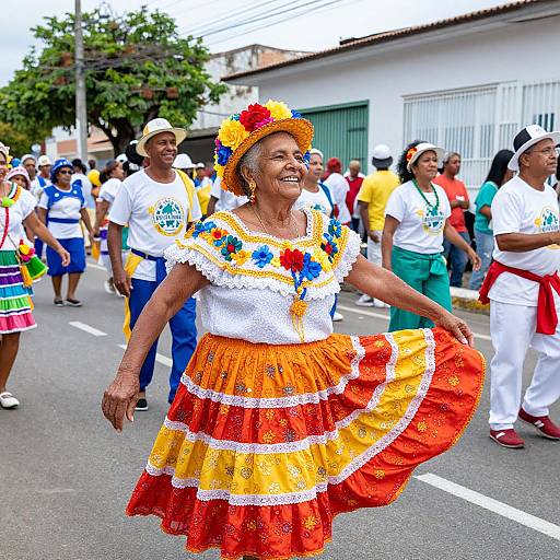 Photograph of smiling elderly woman in vibrant Mexican folk costume with orange-yellow-red dress, colorful flowers, and hat, dancing in parade.