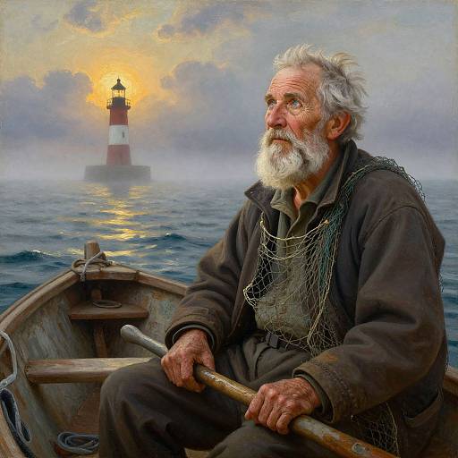 Photorealistic painting of an elderly white man with a white beard, wearing a dark coat and fishing net, gazing at a distant lighthouse during