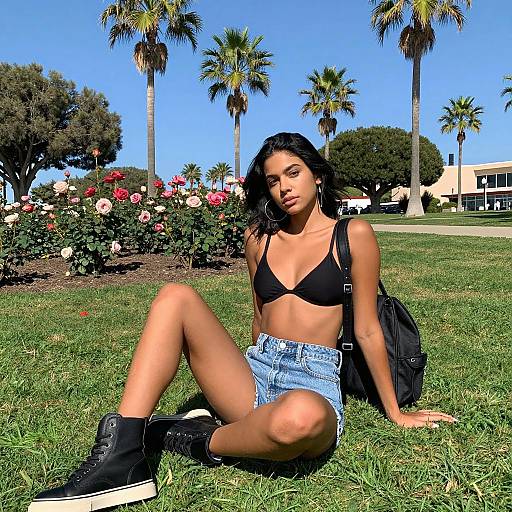 Young Woman Sitting on Grass in Sunny Park