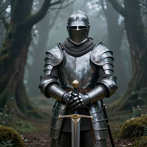 Photorealistic digital art of a solitary armored knight standing in a foggy forest, hands clasped in front of a sword with a golden hilt