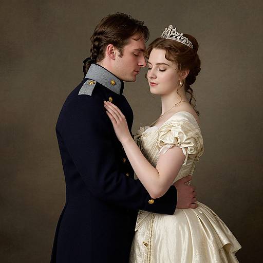 Photograph of a romantic couple; he in a dark military uniform, she in a white, puffy-sleeved dress with tiara, holding