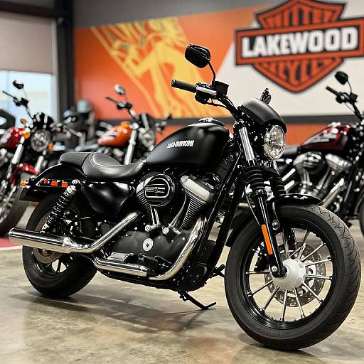 Photograph of a sleek black Harley-Davidson motorcycle in a showroom, with 