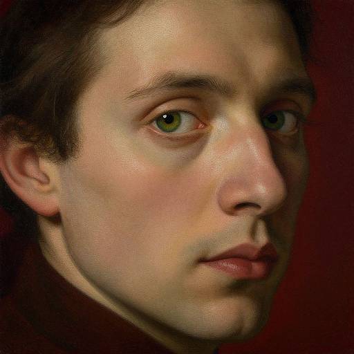 Digital painting of a young man with fair skin, green eyes, brown hair, and a serious expression against a dark red background.