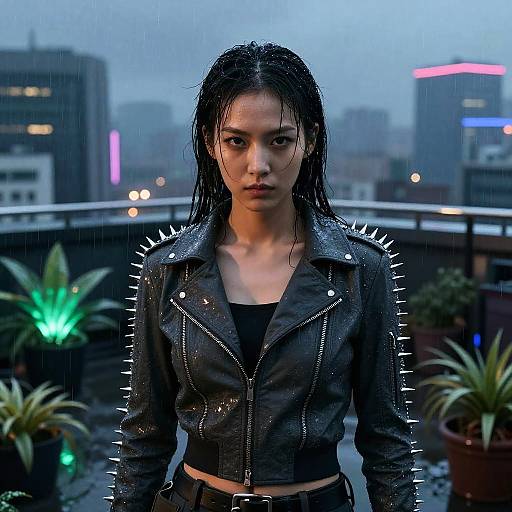 Woman in Spiked Jacket on Cyberpunk Rooftop in Rain