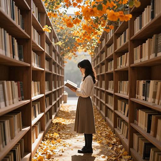 Photograph of a young woman with long black hair, white blouse, brown skirt, and black boots, reading a book in a sunlit library aisle