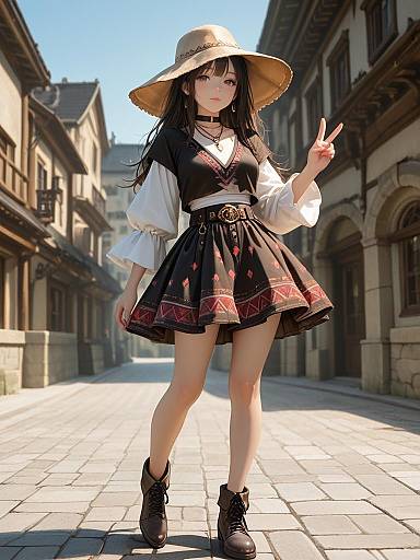 Digital anime-style drawing of a young woman with long black hair, wearing a wide-brimmed hat, white blouse, black vest, and skirt with