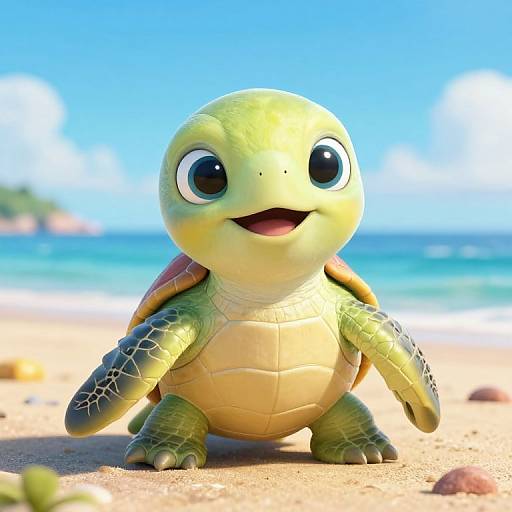 CGI cartoon turtle with large, expressive eyes and smiling mouth stands on a sunny beach with blue ocean and clear sky.