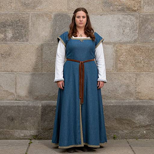 Photograph of a serious woman with long brown hair, wearing a blue medieval-style dress with white long sleeves and brown belt, standing against a stone wall