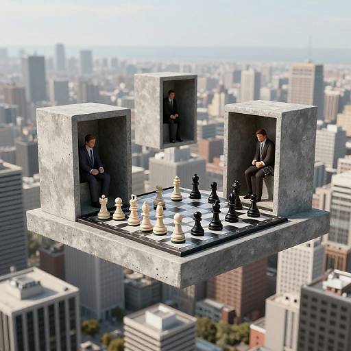 Surreal Chess Strategy Over Cityscape