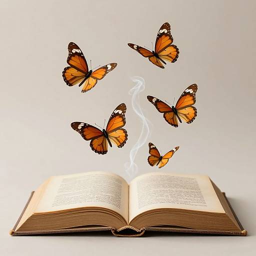 Photograph of an open book with five orange and black butterflies with white spots emerging from its pages, surrounded by a white flame.
