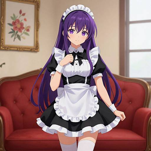 Anime-style digital drawing of a purple-haired maid in black and white uniform, standing in a bright room with red couch and floral painting.