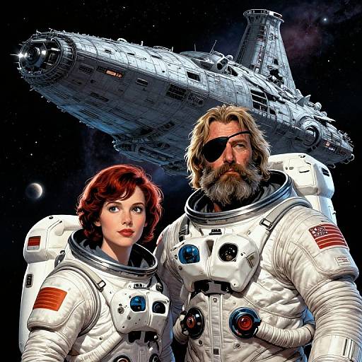 CGI image of a red-haired woman and bearded man in white space suits with an eye patch, standing in front of a Star Wars-style spaceship