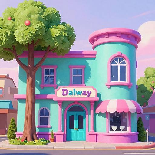 Bright digital illustration of a turquoise and pink two-story building with 