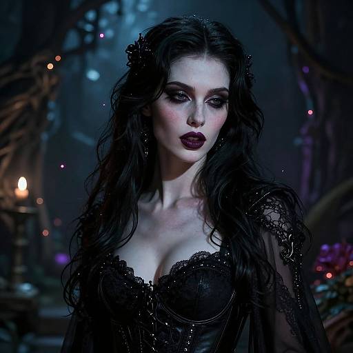 Gothic fairy with long, wavy black hair, dark lipstick, and intricate black lace dress, illuminated by soft forest lights. Digital artwork.
