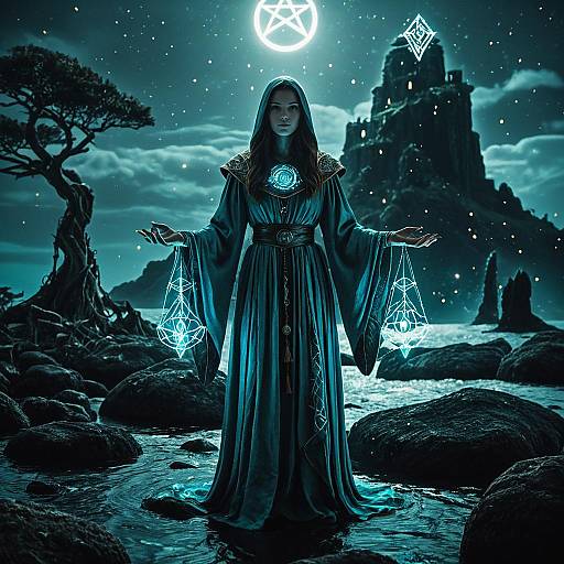 Mystic Sorceress with Glowing Runes at Night