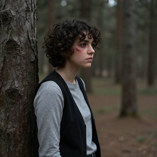 Concerned Woman in a Forest Setting