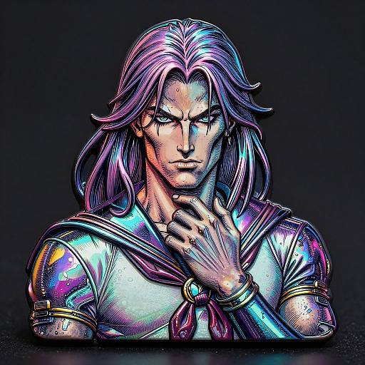 Digital illustration of a muscular, serious-looking man with long, purple-highlighted hair, wearing a shiny, colorful sailor uniform, touching his chin against a