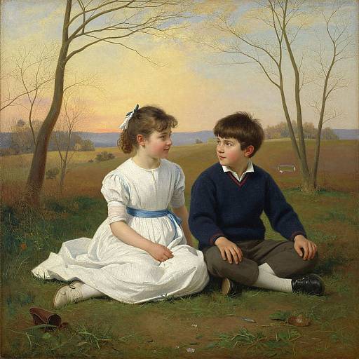 Realistic painting of a young girl in a white dress and a boy in a navy sweater, sitting on grass at sunset, with bare trees and a