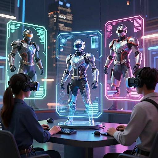 Photograph of two people in VR headsets viewing three neon-lit, holographic Iron Man suits standing in a futuristic office at night.