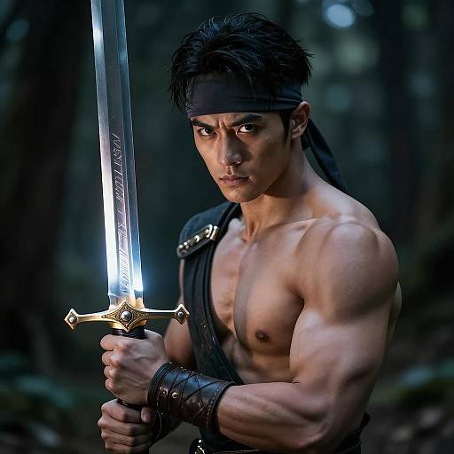 Muscular Warrior Holding Glowing Sword