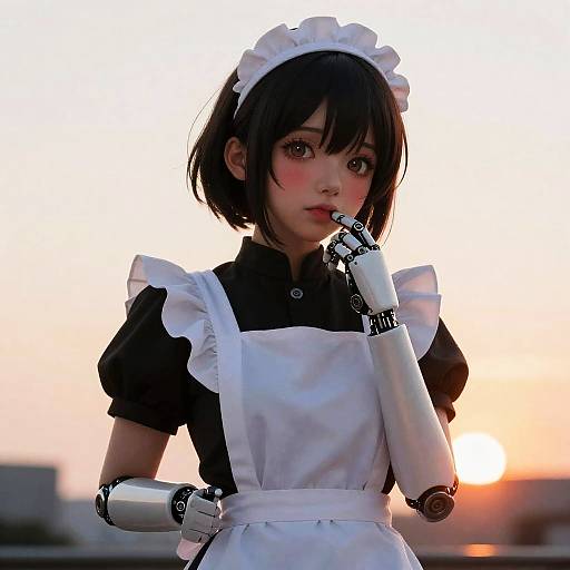 Realistic Robot Maid at Sunset
