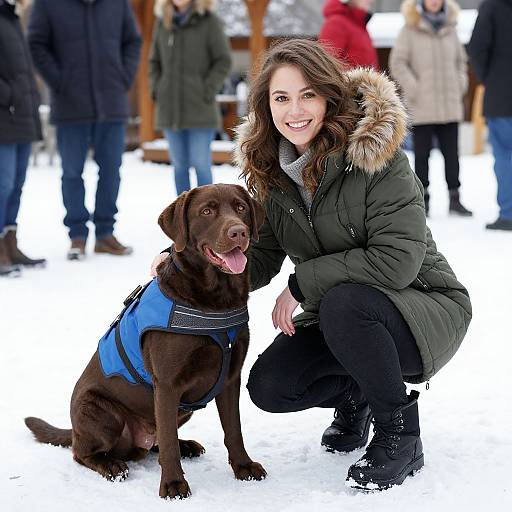 Photograph of a smiling woman with brown hair, wearing a green parka with fur hood, black pants, and boots, crouching beside a