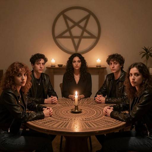Mysterious Gathering Around a Pentagram Table