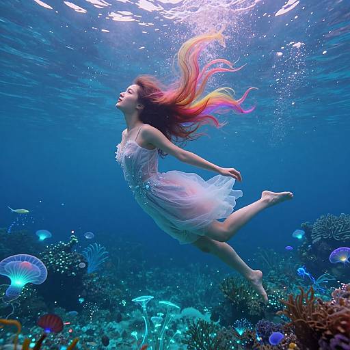 Photograph of a fair-skinned woman with long, flowing red-and-orange hair in a white, translucent dress, underwater, surrounded by colorful sea cor