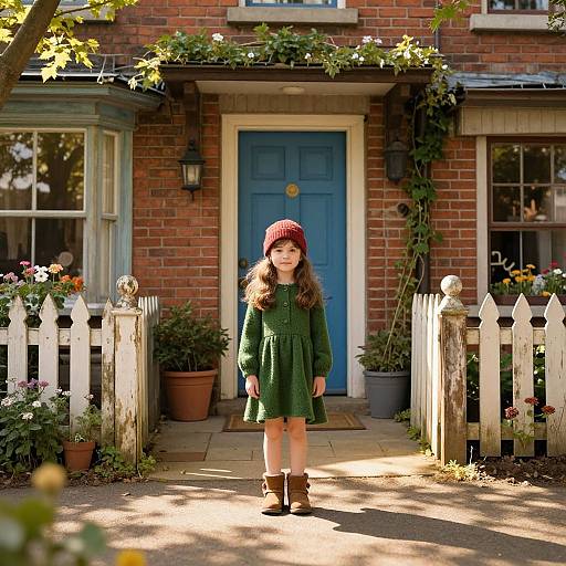 Photograph of a young girl with curly brown hair, wearing a green dress, red knit hat, and brown boots, standing in front of a brick