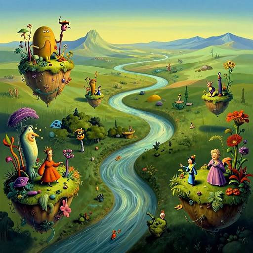 Whimsical digital illustration of floating islands with colorful flowers, fantastical creatures, and children in dresses, over a winding river in a vibrant, mountain