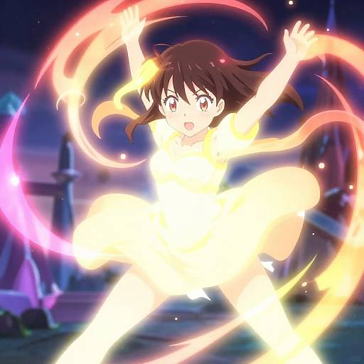 Anime-style digital artwork of a brown-haired girl with wide eyes, glowing white and colorful fire rings around her, arms raised, in a nighttime cityscape