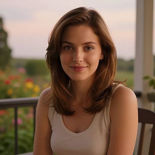Photograph of a smiling young woman with light brown hair, wearing a white tank top, seated on a balcony with a blurred garden in the background.