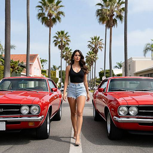 Photograph of a curvy woman with long dark hair, wearing a black tank top and denim shorts, walking between two shiny red muscle cars on a