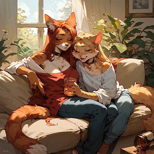 Tipsy Catgirl Duo on Couch