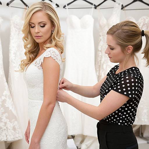 Photograph of a blonde woman in a white lace dress being adjusted by a brunette in a black polka dot top. Bright, white background with soft