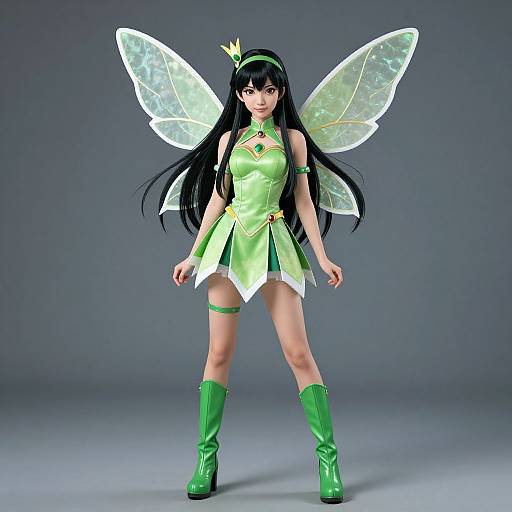 Digital anime-style fairy character with long black hair, green dress, and matching boots, wearing transparent wings and a small crown.
