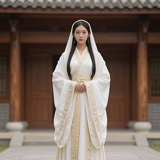 Photograph of a young Asian woman in traditional white and gold Korean hanbok with a veil, standing in front of a wooden building.