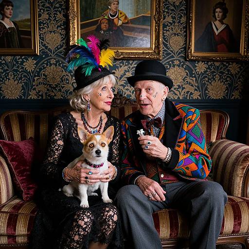 Photograph of an elderly couple in vintage attire, sitting on a striped sofa with a Shih Tzu, colorful hats, and patterned wallpaper,