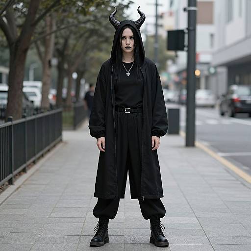 Photograph of pale, dark-haired woman in black demonic hood with horns, long coat, baggy pants, black boots, standing on urban sidewalk.