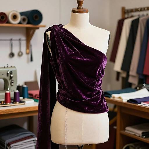 Photograph of a white mannequin wearing a deep purple velvet one-shoulder dress, displayed in a sewing studio with fabric, sewing machine,