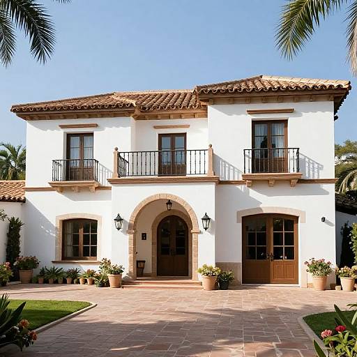 Photograph of a two-story Spanish-style house with white stucco walls, red-tiled roof, black iron balconies, and arched entry