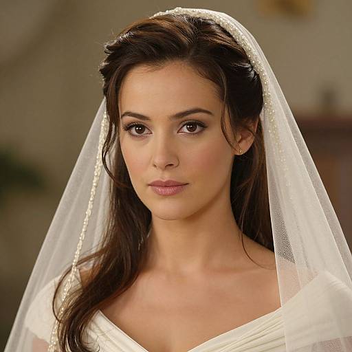 Photograph of a beautiful young woman with olive skin, brown eyes, and dark brown hair, wearing a white wedding veil and dress, looking directly at