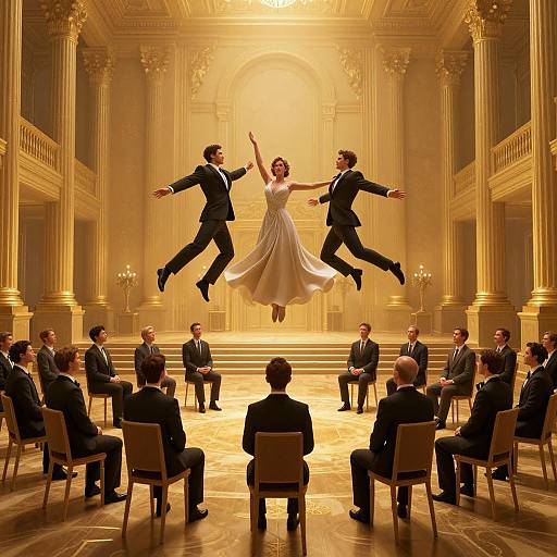 Photograph of a bride in a flowing white gown and three men in black suits mid-jump in an opulent, golden ballroom with seated audience