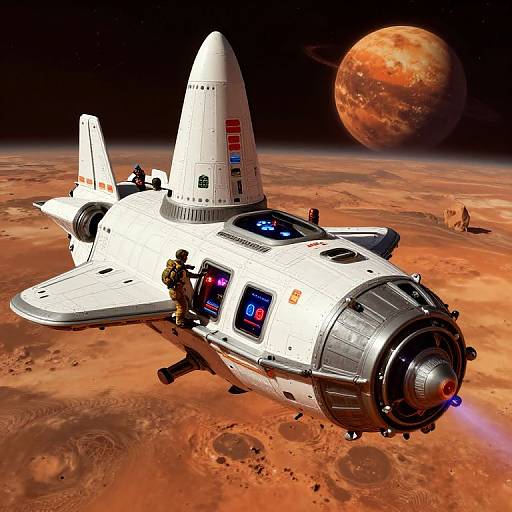 Photorealistic CGI of a white spacecraft with a conical nose, hovering above a reddish-orange planetary surface, with a large, orange planet in