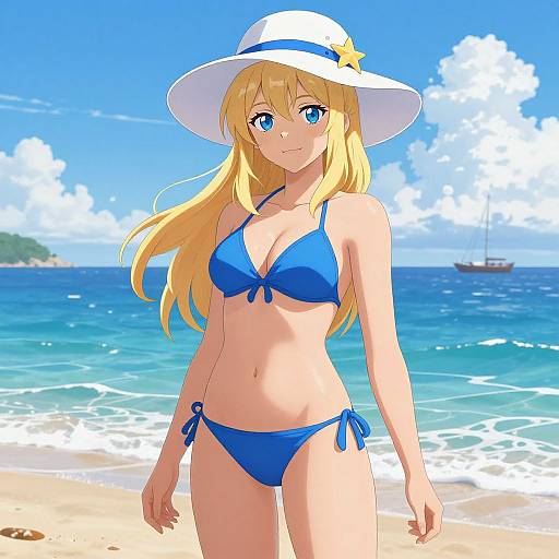 Anime-style digital drawing of a blonde woman with blue eyes in a blue bikini and white sunhat on a sunny beach.