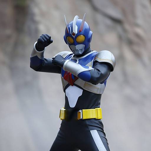 Photograph of a muscular superhero in black, blue, and white costume with yellow belt, yellow-tinted goggles, and helmet, flexing arm