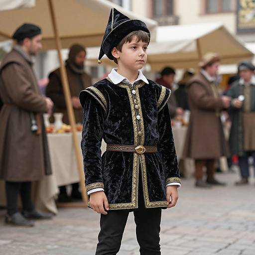 Photograph of a young boy in a black velvet Renaissance-style tunic with gold trim and a black hat, standing in a bustling outdoor market with blurred