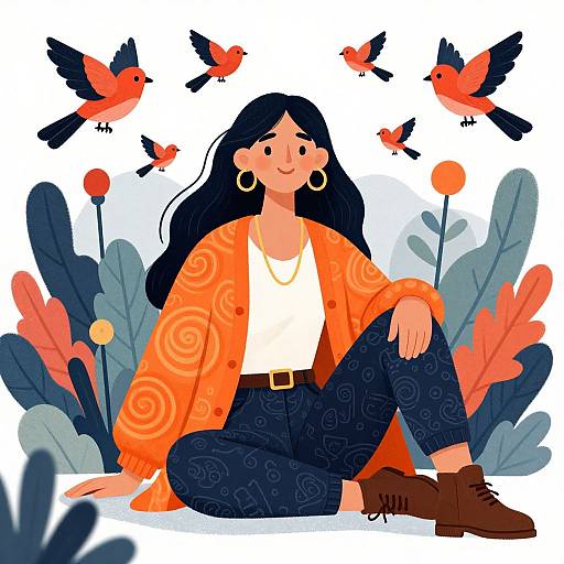 Digital illustration of a smiling woman with long black hair, orange patterned cardigan, dark pants, brown boots, surrounded by flying red birds and orange
